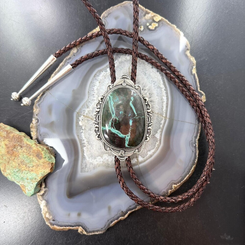 Sterling Southwestern Style Oval Large Chrysocolla Bolo Tie For Men - Picture 3 of 10